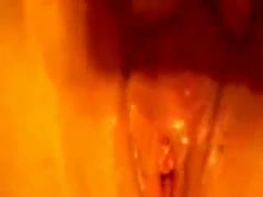 Wife strokes her sensitive love button making her love tunnel soak with love juice